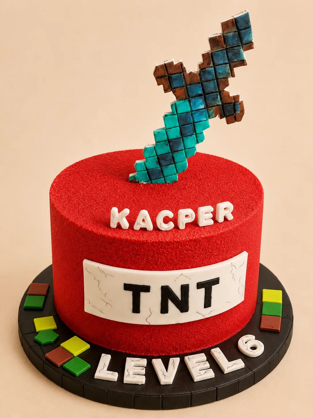 Czerwony tort Minecraft z mieczem i motywem TNT